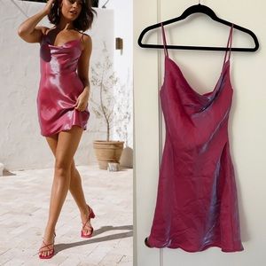 Hello Molly Shiny Affair iridescent pink cowl neck mini dress size S NWT